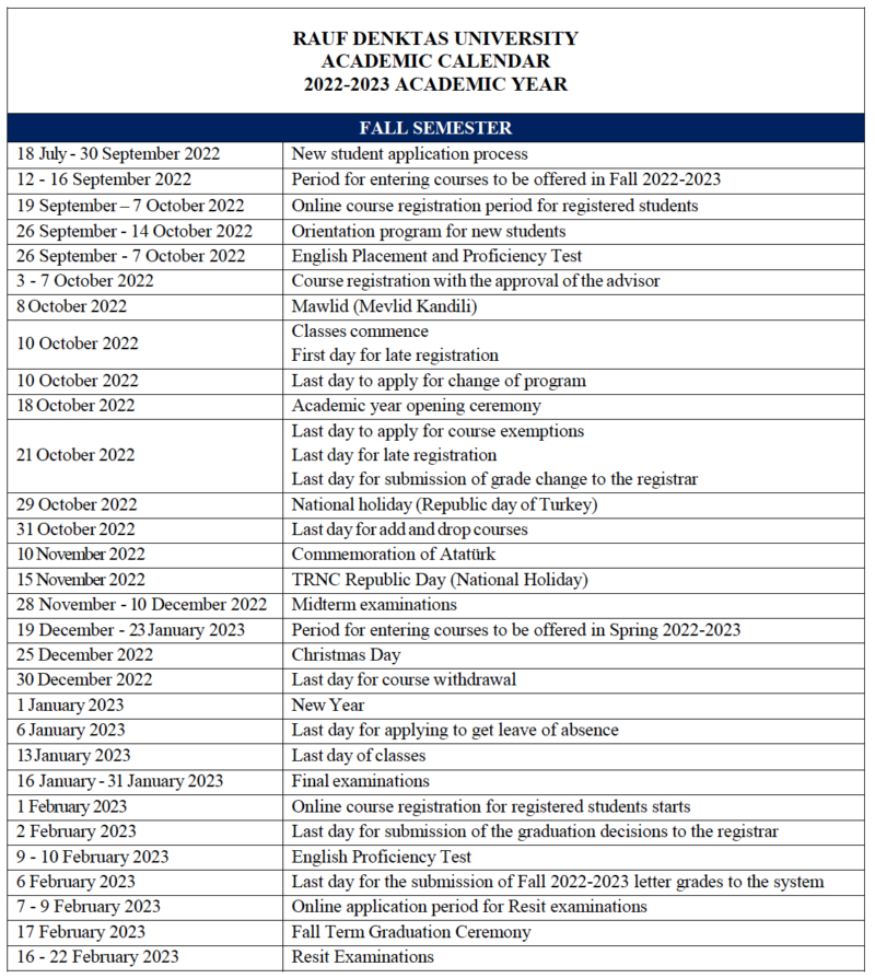 Academic Calendar – Rauf Denktas University